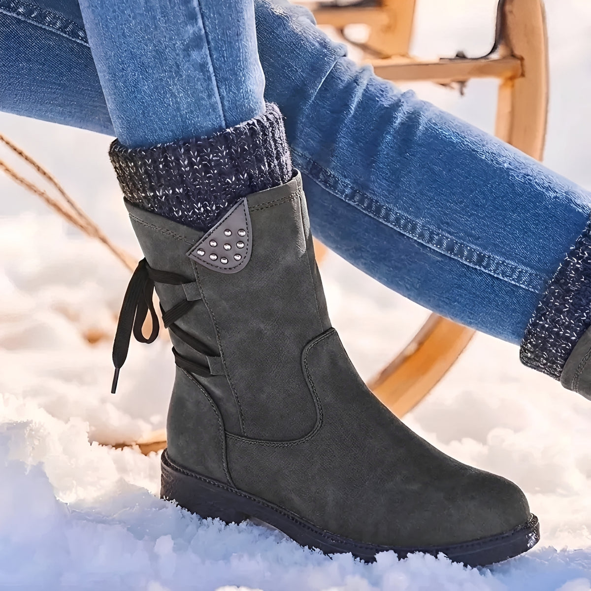 Bottes mi-mollet pour femmes à lacets, détails cloutés et manchette chaude