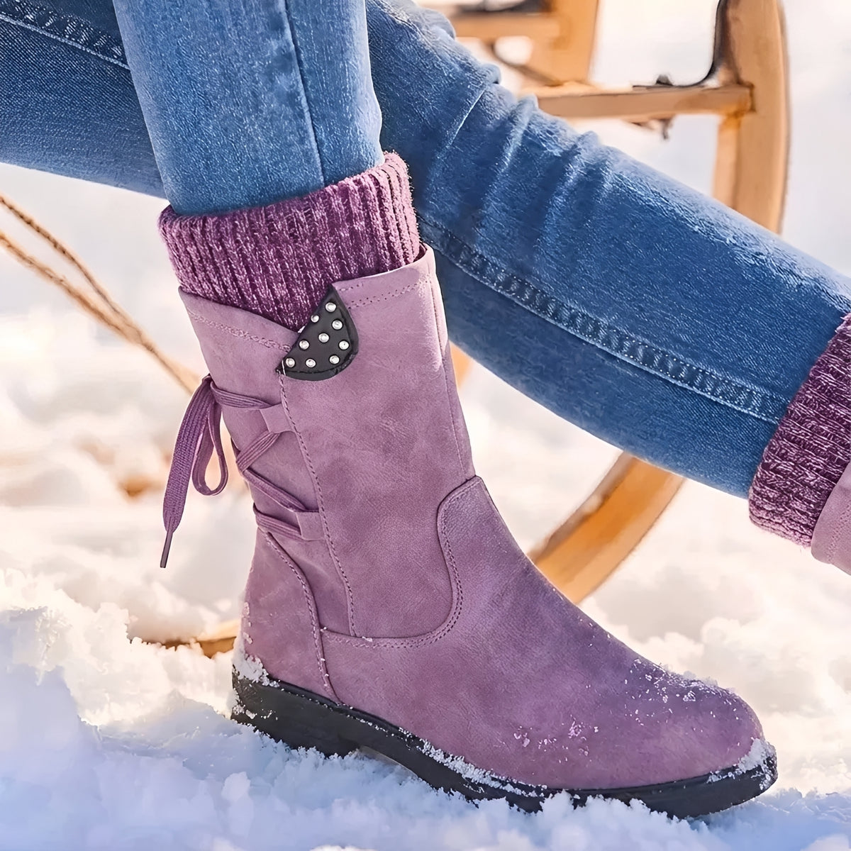 Bottes mi-mollet pour femmes à lacets, détails cloutés et manchette chaude