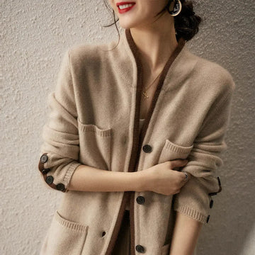 Cardigan femme à boutons, poches et trim contrasté