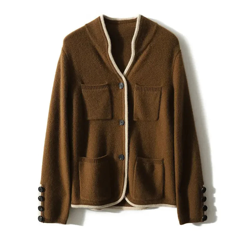 Cardigan femme à boutons, poches et trim contrasté
