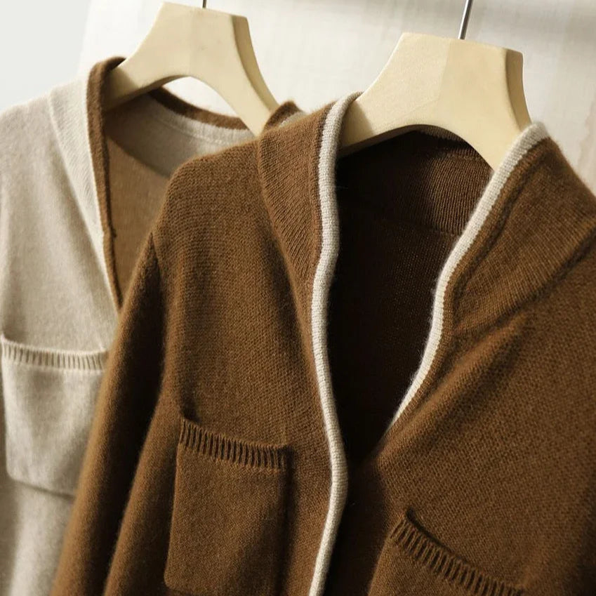 Cardigan femme à boutons, poches et trim contrasté