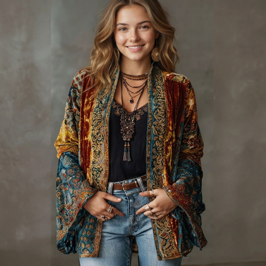 Cardigan femme Kimono ouvert manches longues amples motifs brodés
