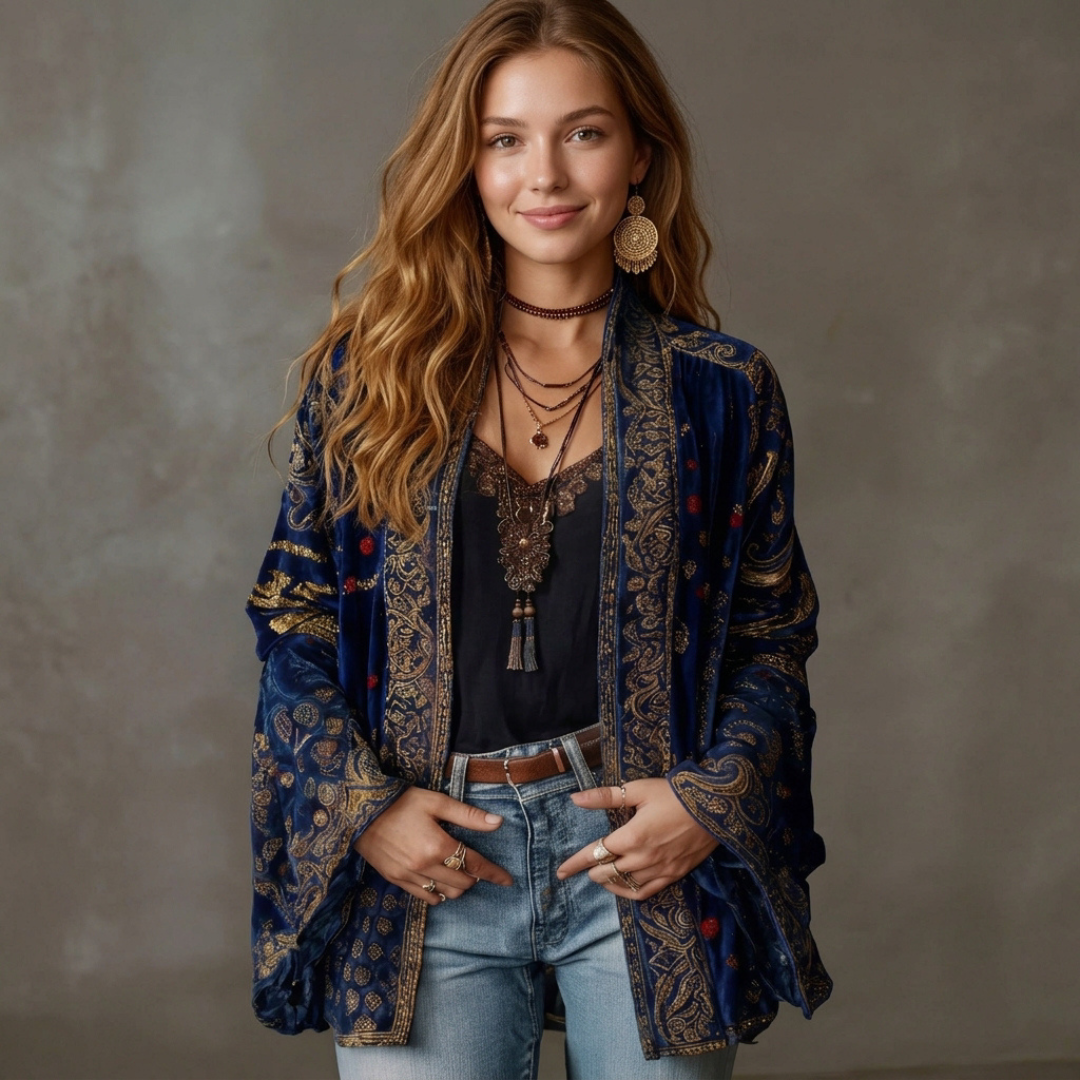 Cardigan femme Kimono ouvert manches longues amples motifs brodés