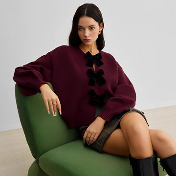 Cardigan femme à manches lanternes, détails nœud, coupe décontractée