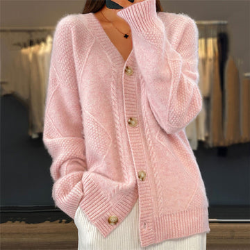 Cardigan femme V-neck boutonnière selon plastron en fil torsadé et motifs diamantés, coupe oversize