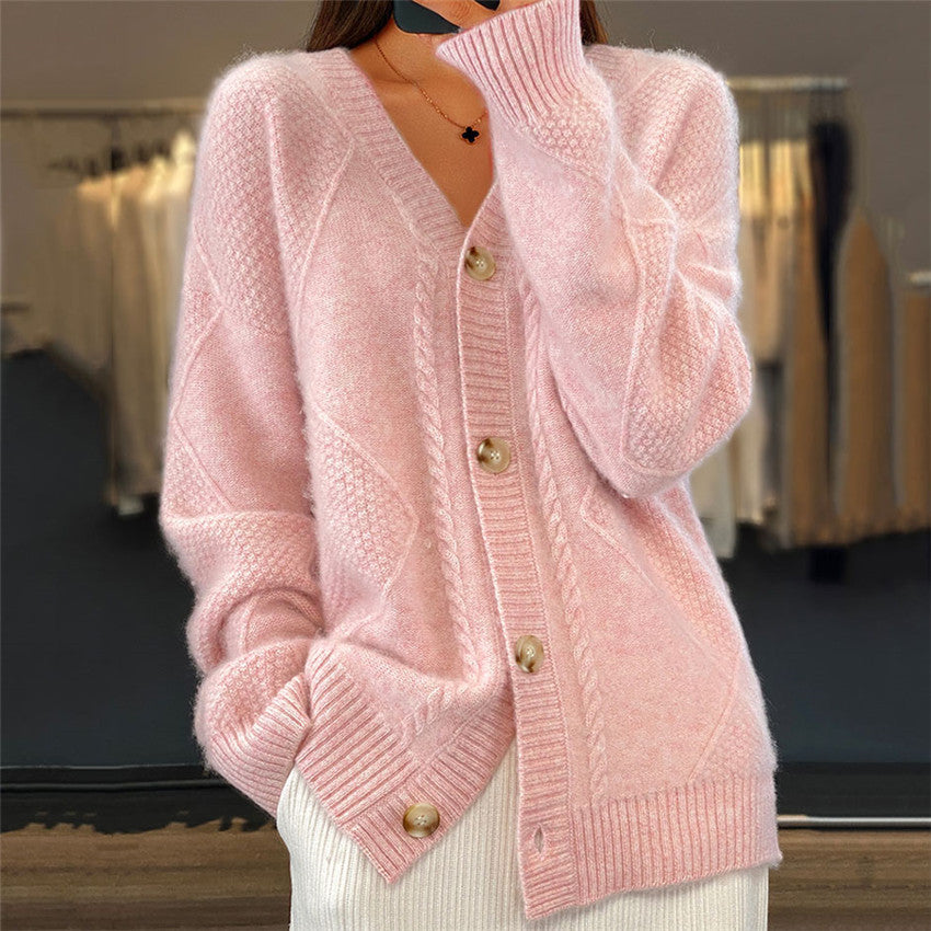Cardigan femme V-neck boutonnière selon plastron en fil torsadé et motifs diamantés, coupe oversize