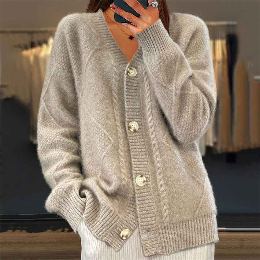 Cardigan femme V-neck boutonnière selon plastron en fil torsadé et motifs diamantés, coupe oversize