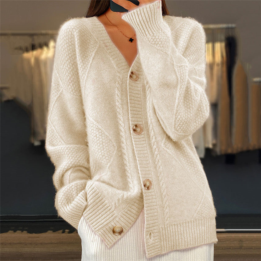 Cardigan femme V-neck boutonnière selon plastron en fil torsadé et motifs diamantés, coupe oversize