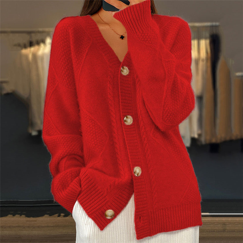 Cardigan femme V-neck boutonnière selon plastron en fil torsadé et motifs diamantés, coupe oversize