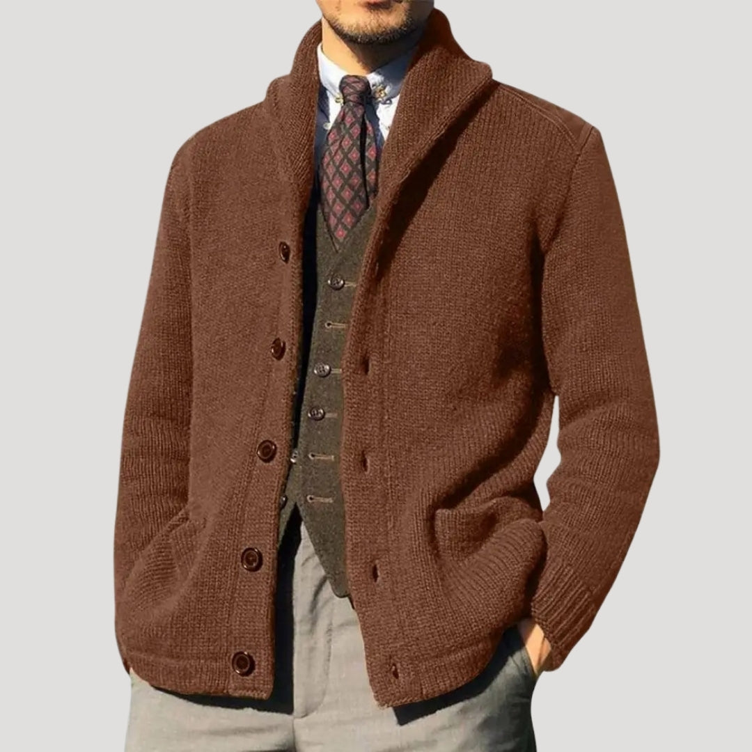 Cardigan homme à col châle avec boutons et coudières en patch