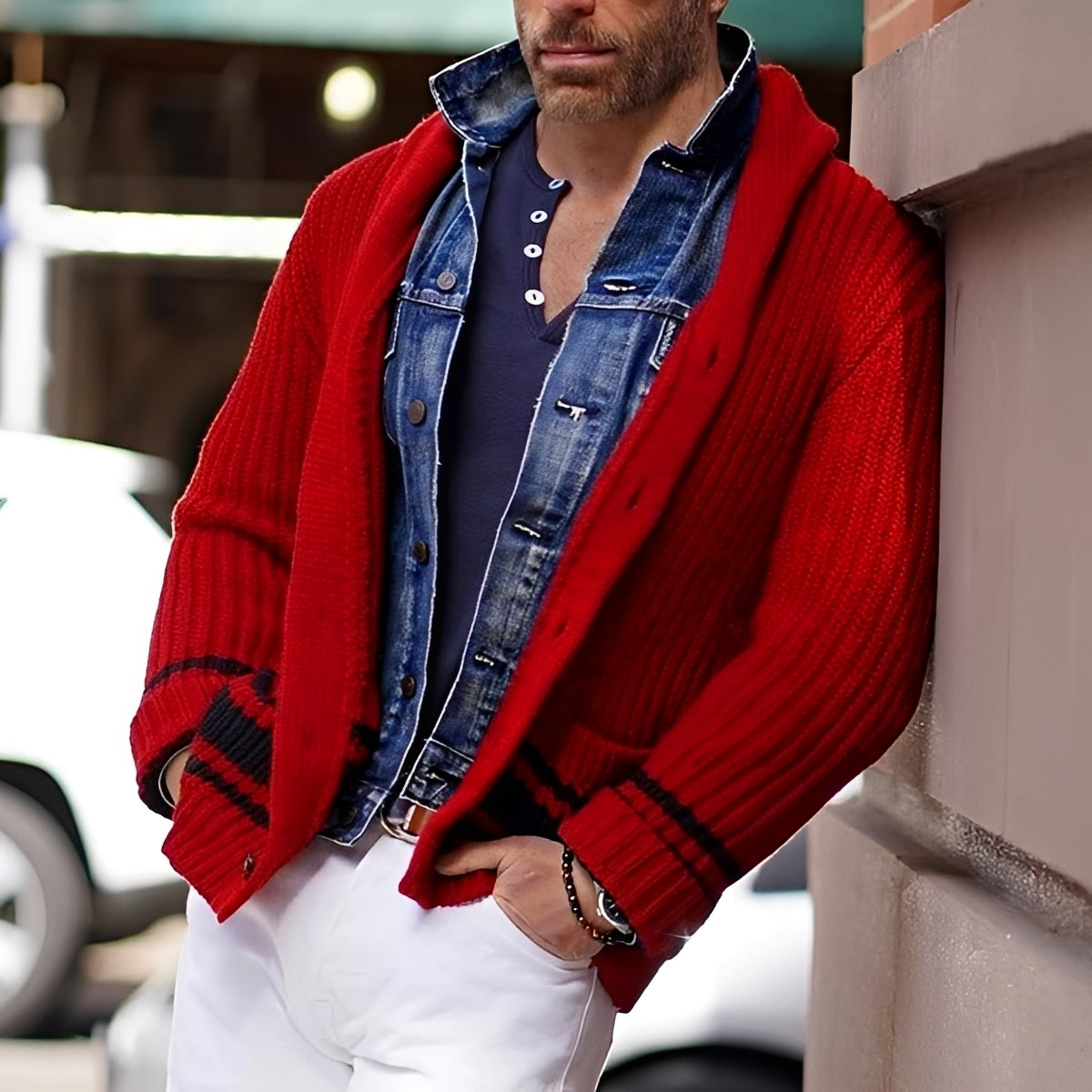 Cardigan homme à col châle, à boutonnière simple, coupe ajustée, avec poches doubles