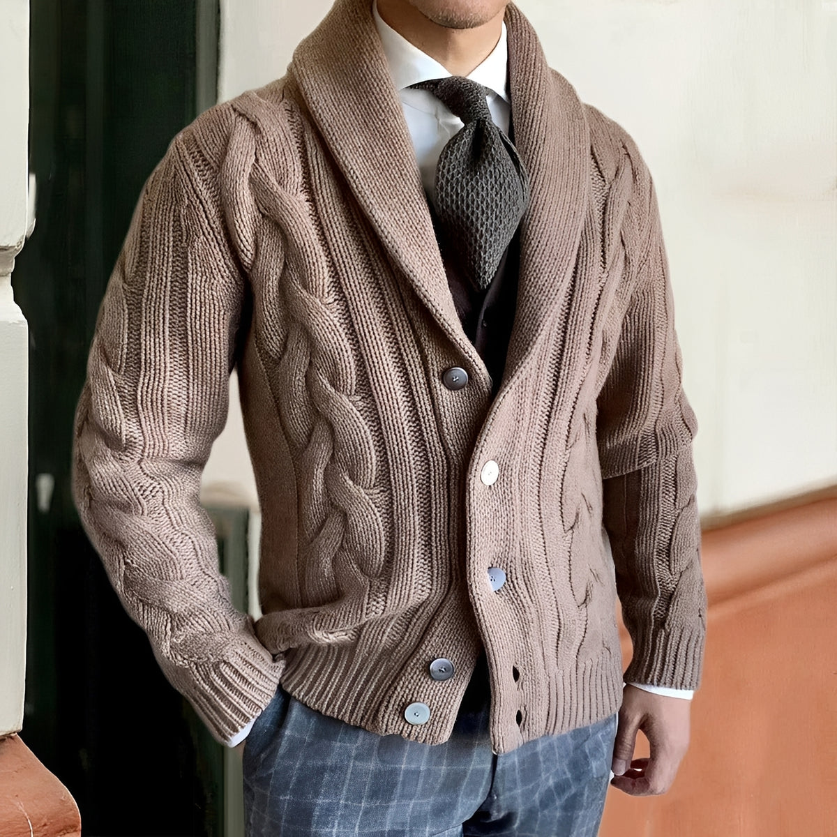 Cardigan homme à col châle à boutons à manches longues style décontracté