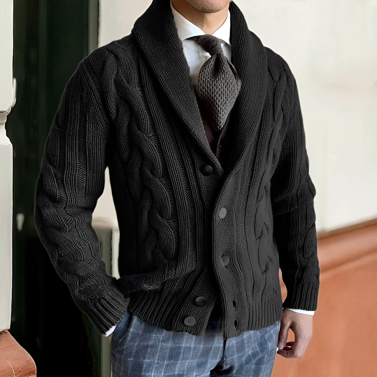 Cardigan homme à col châle à boutons à manches longues style décontracté