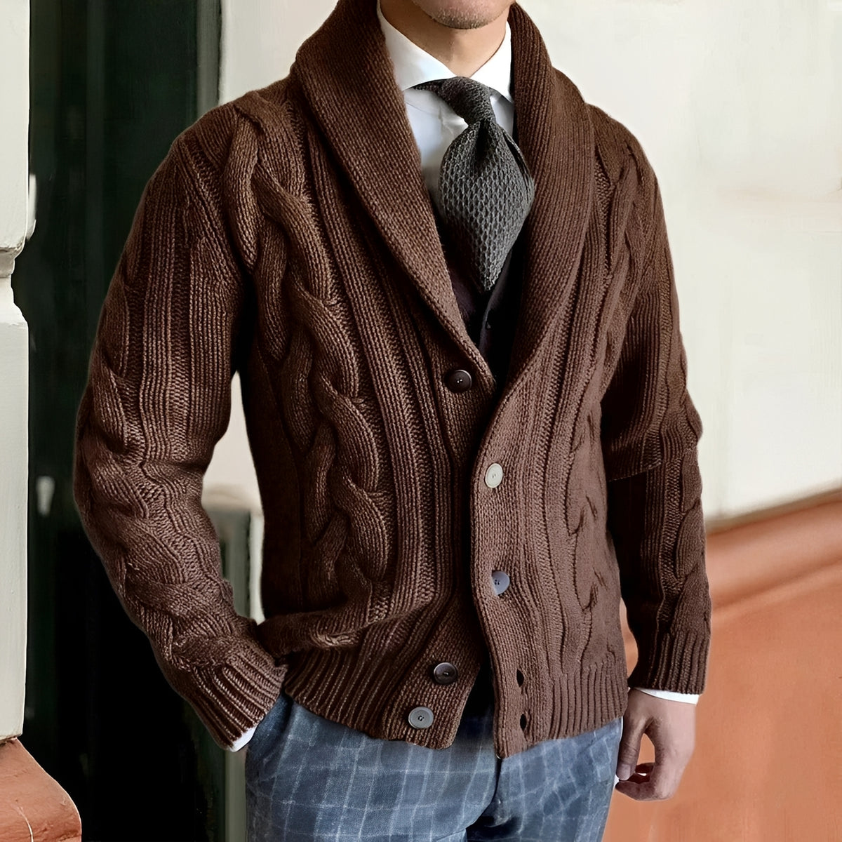 Cardigan homme à col châle à boutons à manches longues style décontracté