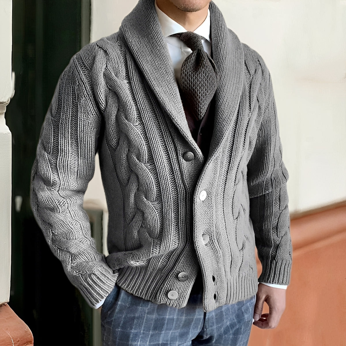Cardigan homme à col châle à boutons à manches longues style décontracté