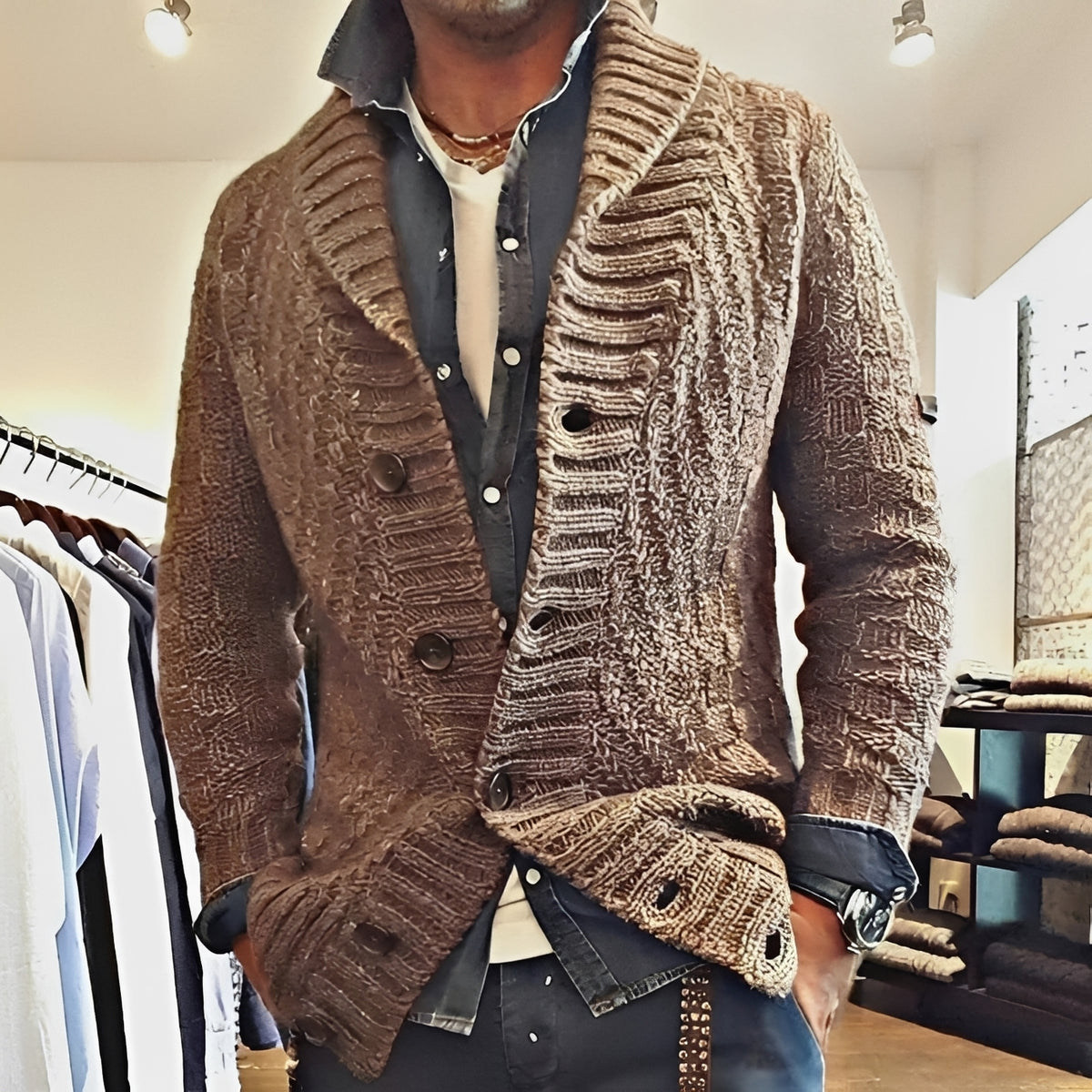 Cardigan homme à col châle et fermeture boutonnée - Coupe décontractée