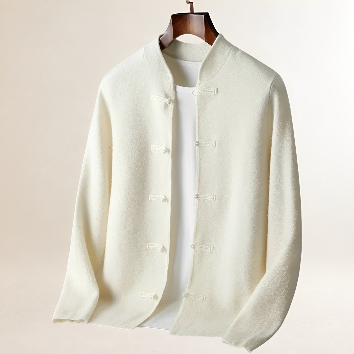 Cardigan homme à col montant et fermeture par boucles et boutons, coupe droite