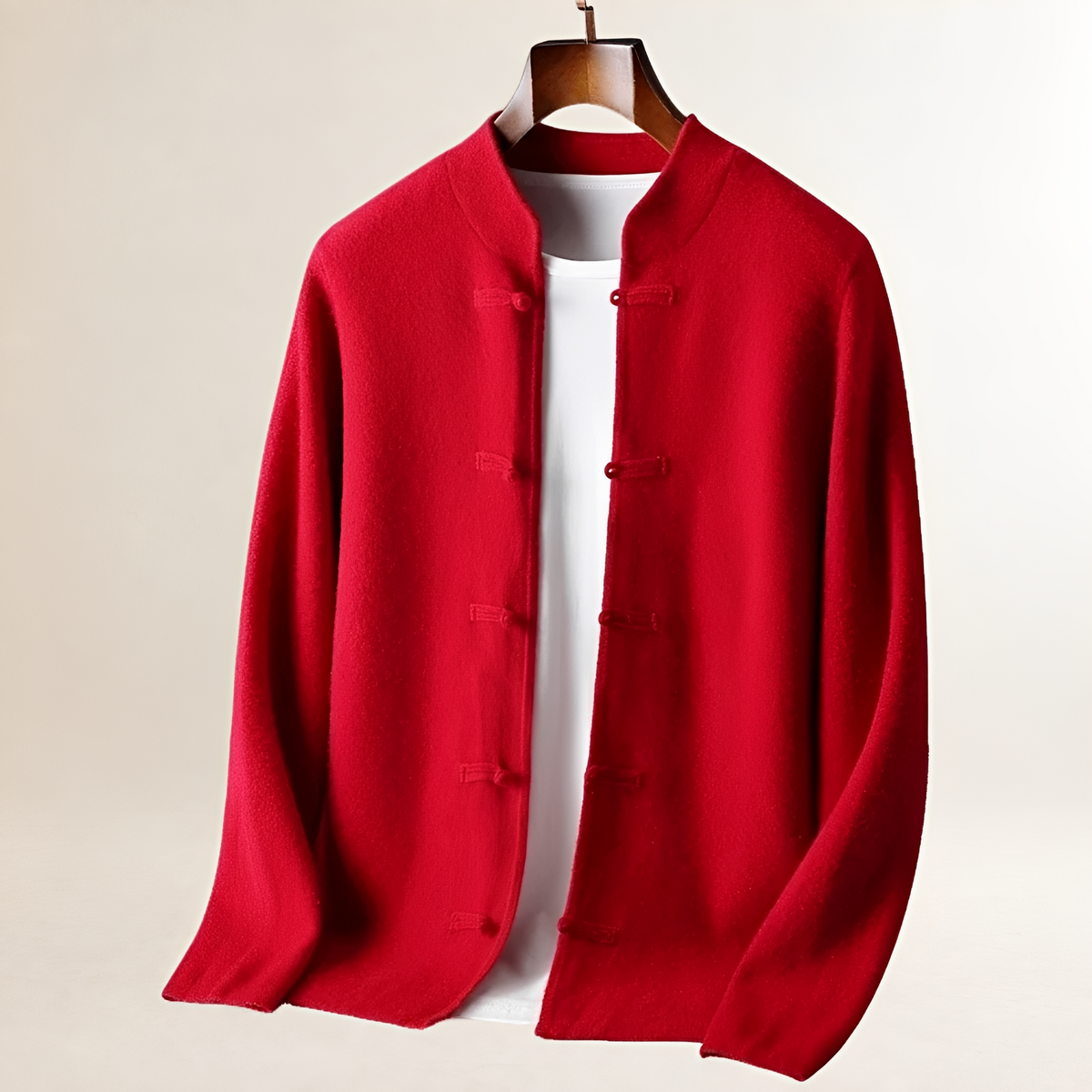 Cardigan homme à col montant et fermeture par boucles et boutons, coupe droite