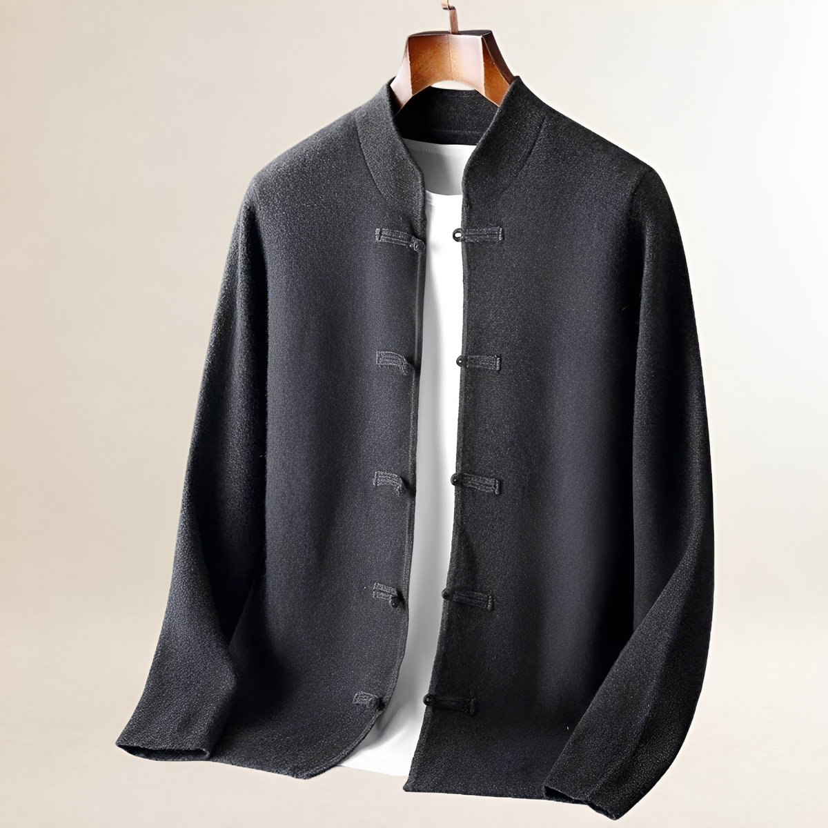 Cardigan homme à col montant et fermeture par boucles et boutons, coupe droite