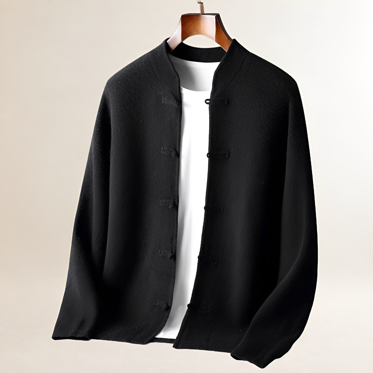 Cardigan homme à col montant et fermeture par boucles et boutons, coupe droite