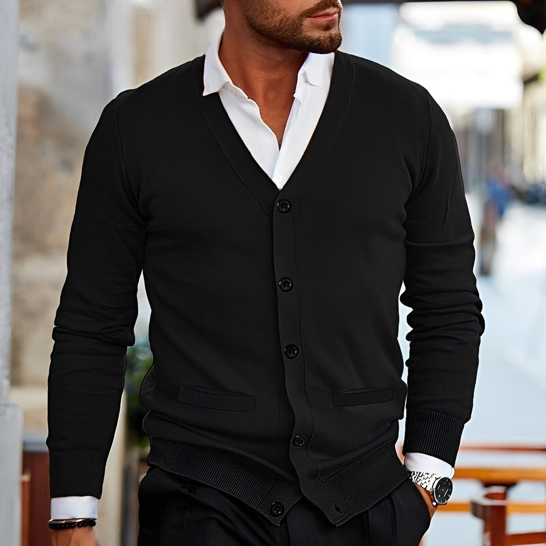 Cardigan homme à col V boutonné coupe décontractée