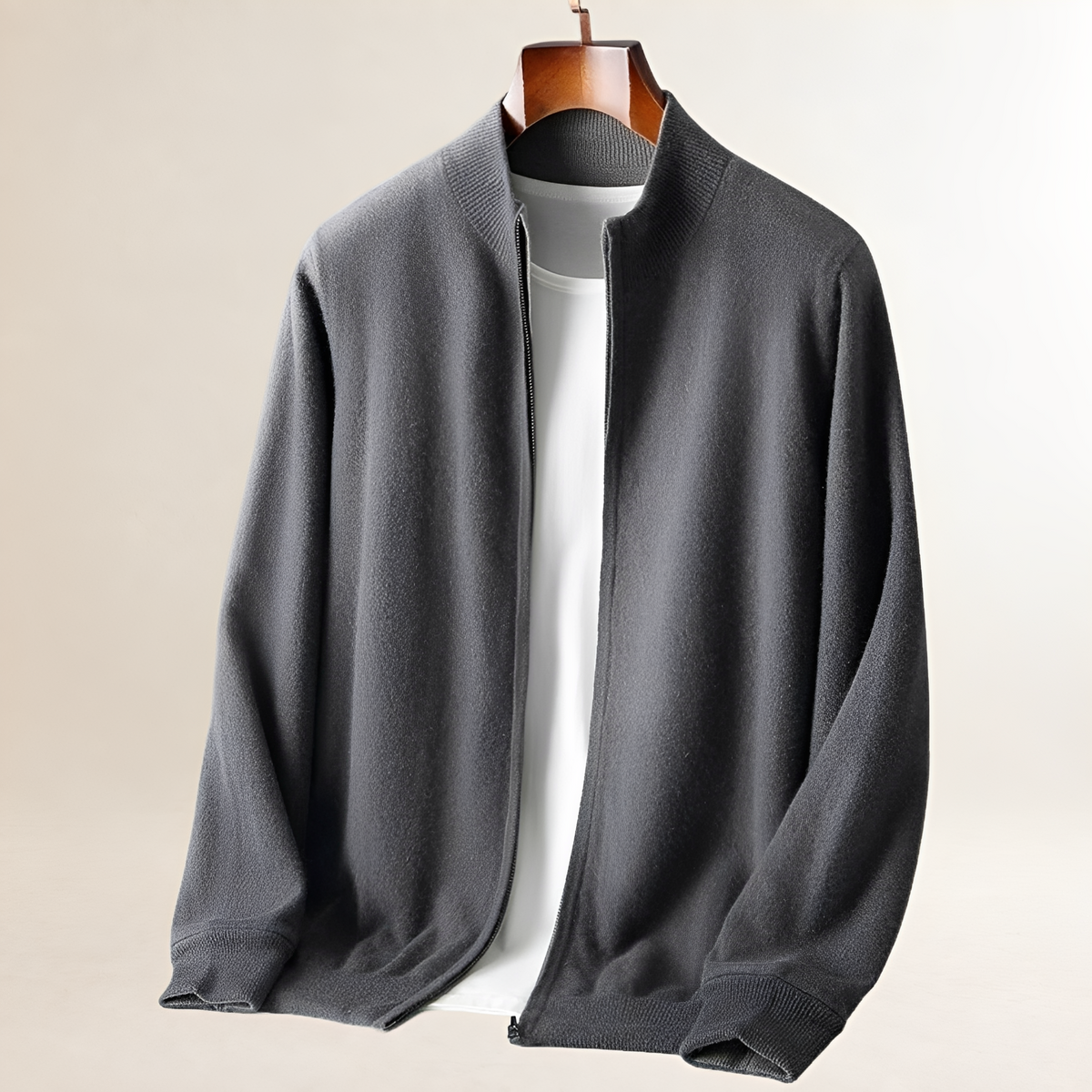 Cardigan homme à fermeture éclair complète avec col montant et poignets et ourlet côtelés