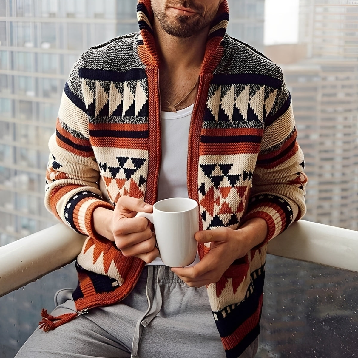 Cardigan homme à fermeture éclair motif géométrique avec poches