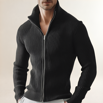 Cardigan homme à zip, col haut, coupe slim, texture côtelée