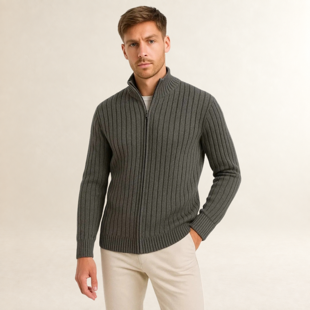 Cardigan homme à zip à col montant coupe ajustée texture côtelée