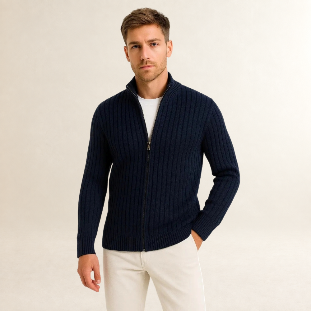 Cardigan homme à zip à col montant coupe ajustée texture côtelée
