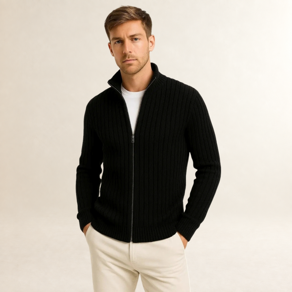 Cardigan homme à zip à col montant coupe ajustée texture côtelée