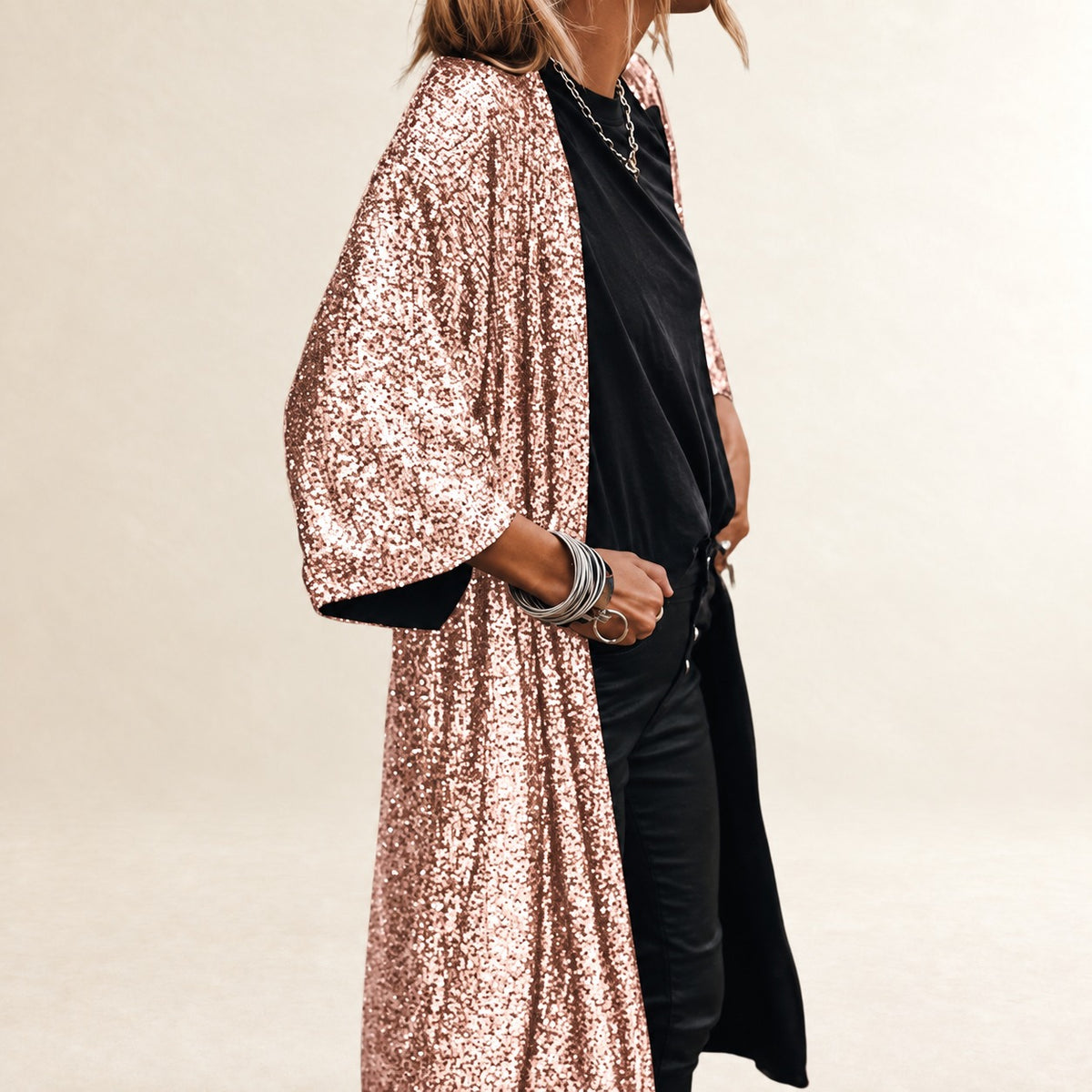 Cardigan long femme à ouverture frontale, manches cloche, coupe décontractée, longueur mollet, embellissement réfléchissant
