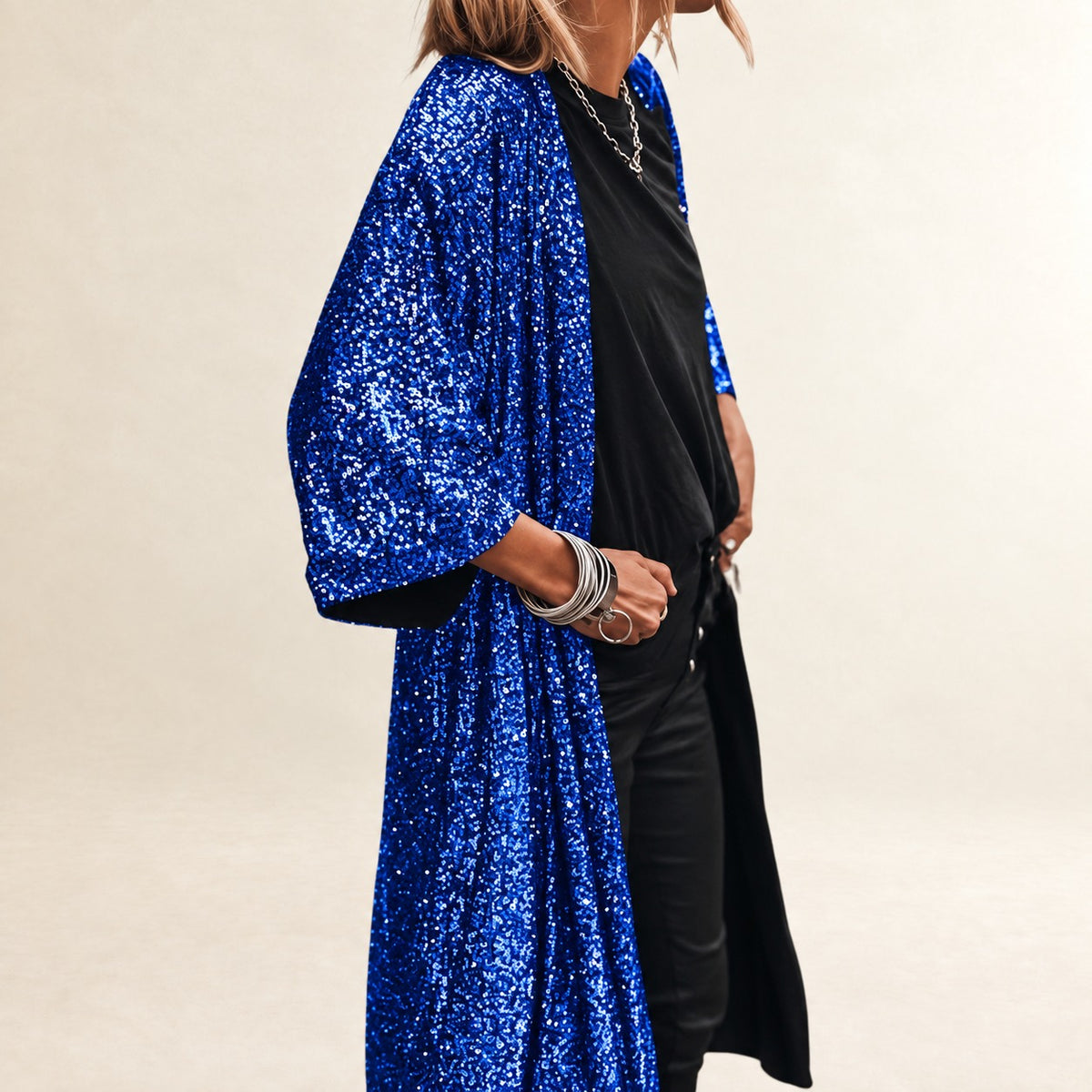 Cardigan long femme à ouverture frontale, manches cloche, coupe décontractée, longueur mollet, embellissement réfléchissant