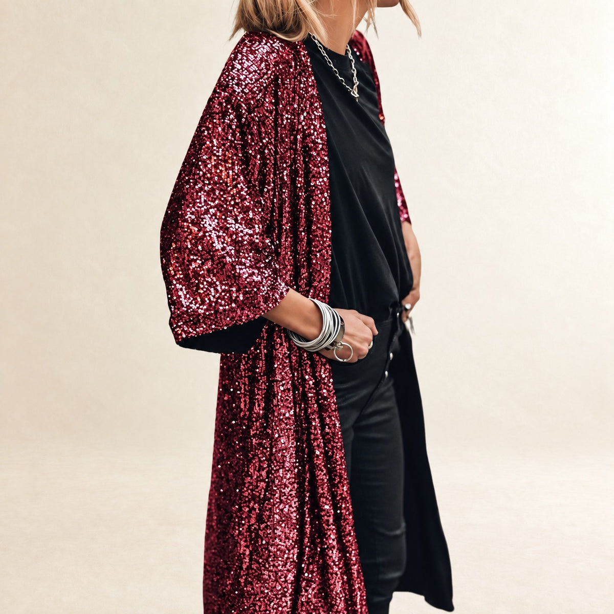 Cardigan long femme à ouverture frontale, manches cloche, coupe décontractée, longueur mollet, embellissement réfléchissant
