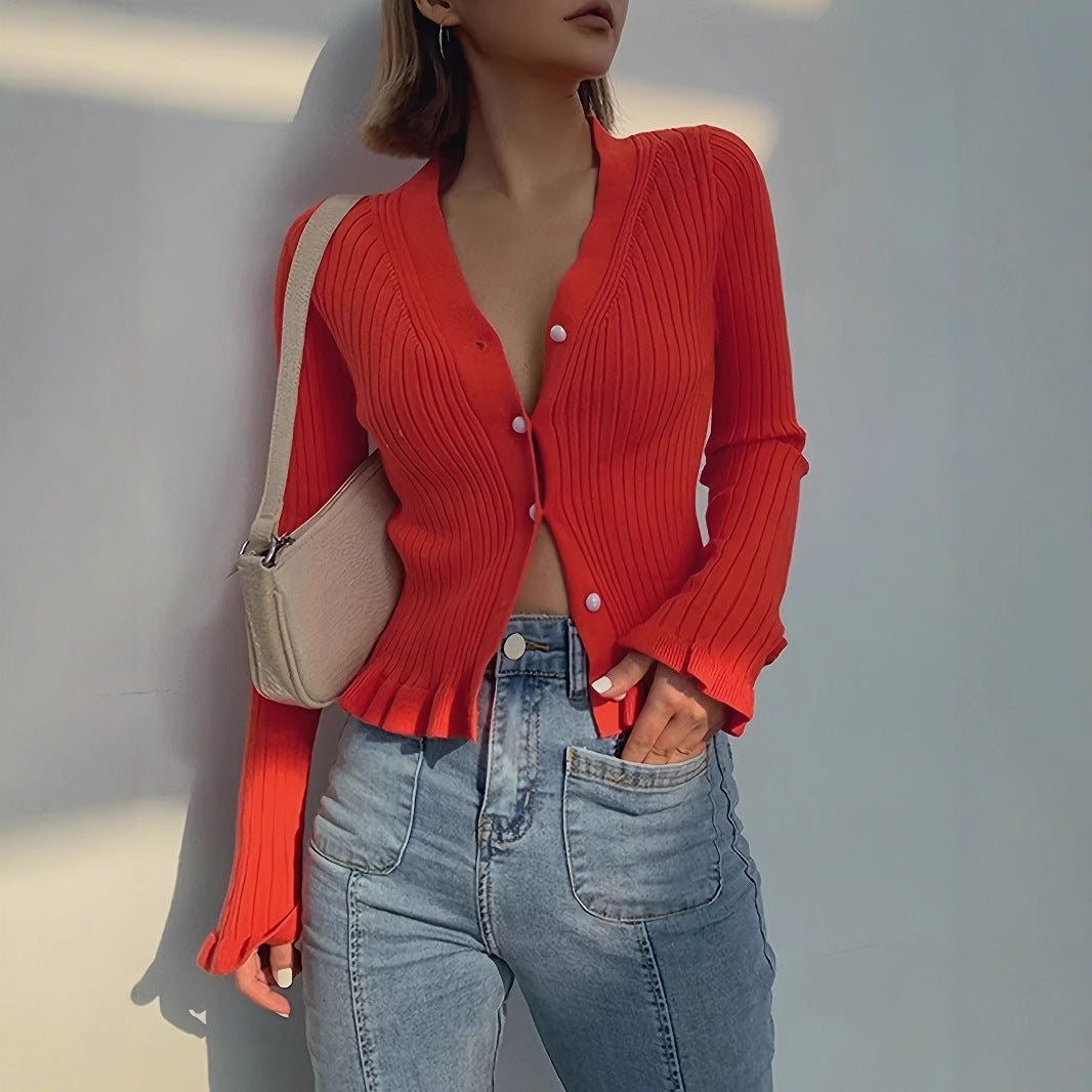 Cardigan pour femmes à boutons, col V, coupe slim, manches longues côtelées