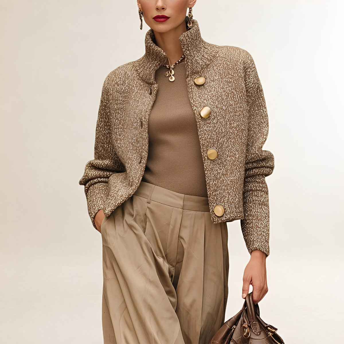 Cardigan pour femmes à col haut avec bouton et coupe décontractée