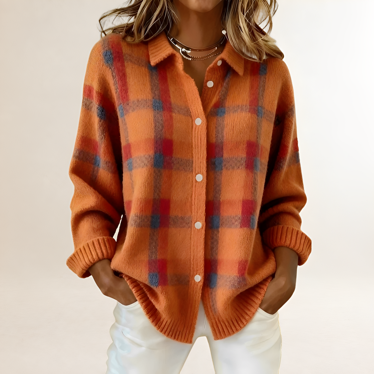 Cardigan tendance pour femmes - Motif à carreaux, boutons et coupe décontractée