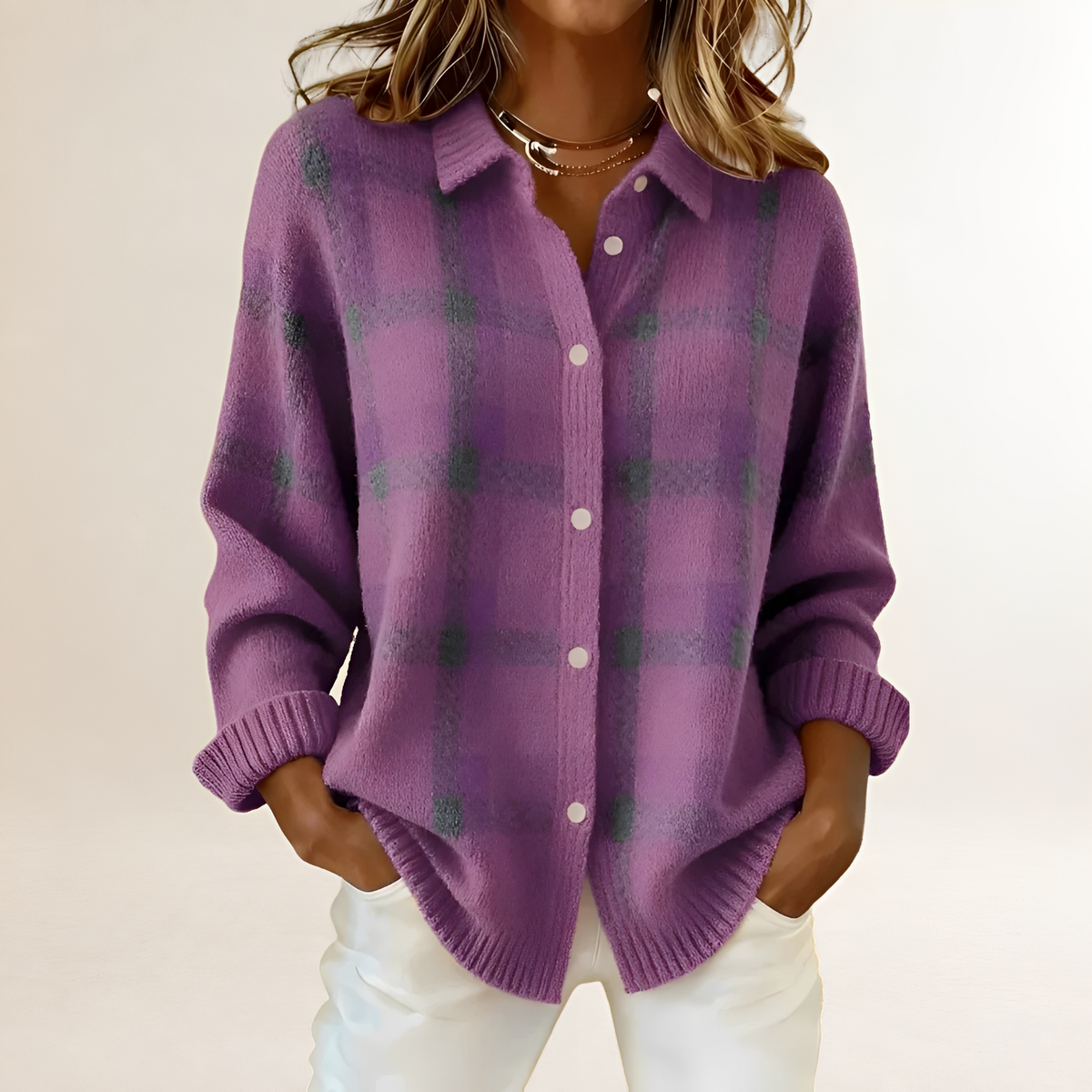 Cardigan tendance pour femmes - Motif à carreaux, boutons et coupe décontractée