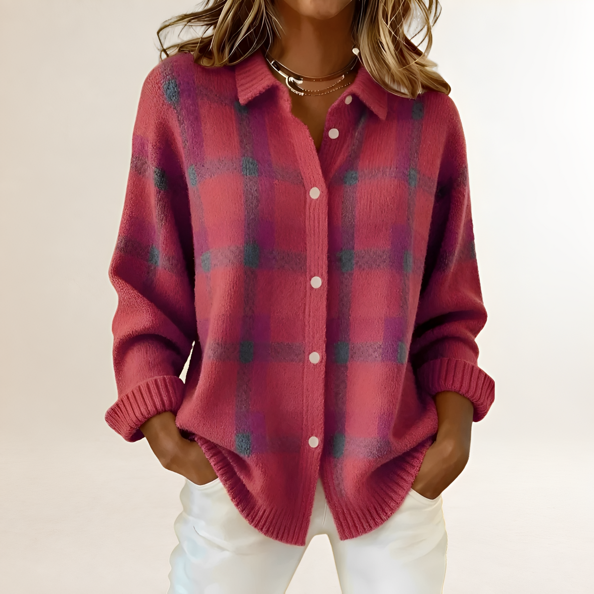 Cardigan tendance pour femmes - Motif à carreaux, boutons et coupe décontractée