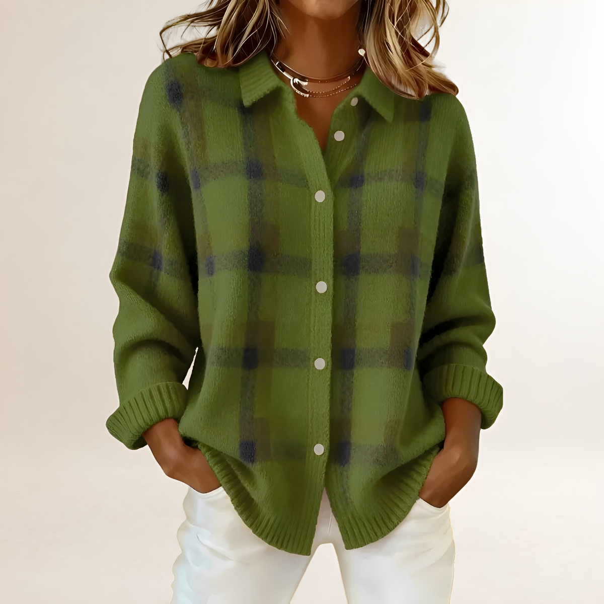 Cardigan tendance pour femmes - Motif à carreaux, boutons et coupe décontractée