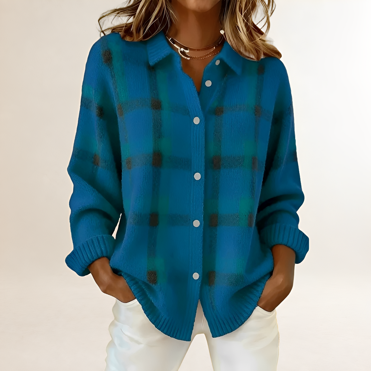 Cardigan tendance pour femmes - Motif à carreaux, boutons et coupe décontractée