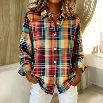 Chemise femme à col classique et boutonnage devant - manches longues, motif carreaux, coupe décontractée