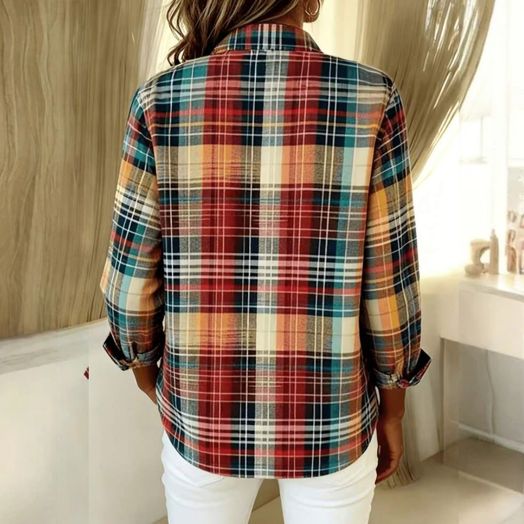Chemise femme à col classique et boutonnage devant - manches longues, motif carreaux, coupe décontractée