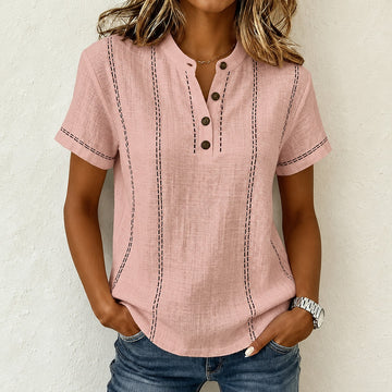 Chemise femmes Henley à manches courtes et col band – coupe décontractée, pli matière verticales