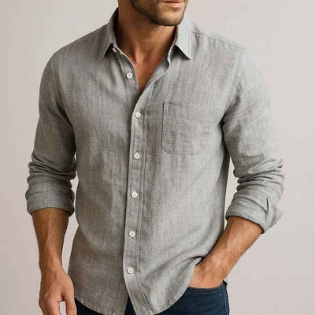 Chemise homme à boutons, manches longues, col anglais, coupe régulière, ourlet arrondi, sans poche poitrine