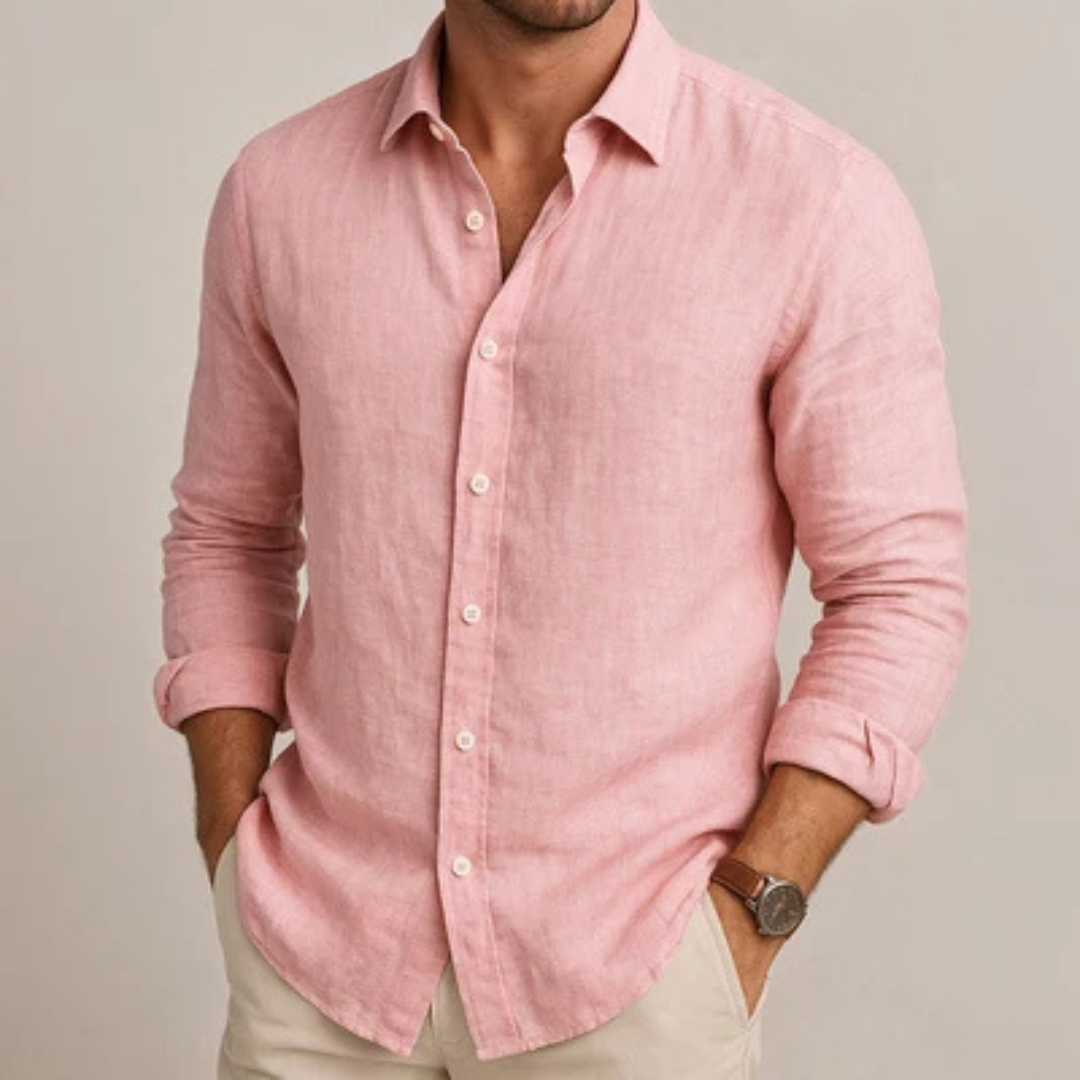 Chemise homme à boutons, manches longues, col anglais, coupe régulière, ourlet arrondi, sans poche poitrine
