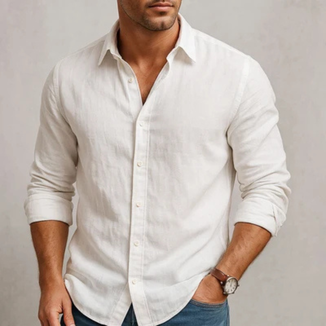 Chemise homme à boutons, manches longues, col anglais, coupe régulière, ourlet arrondi, sans poche poitrine