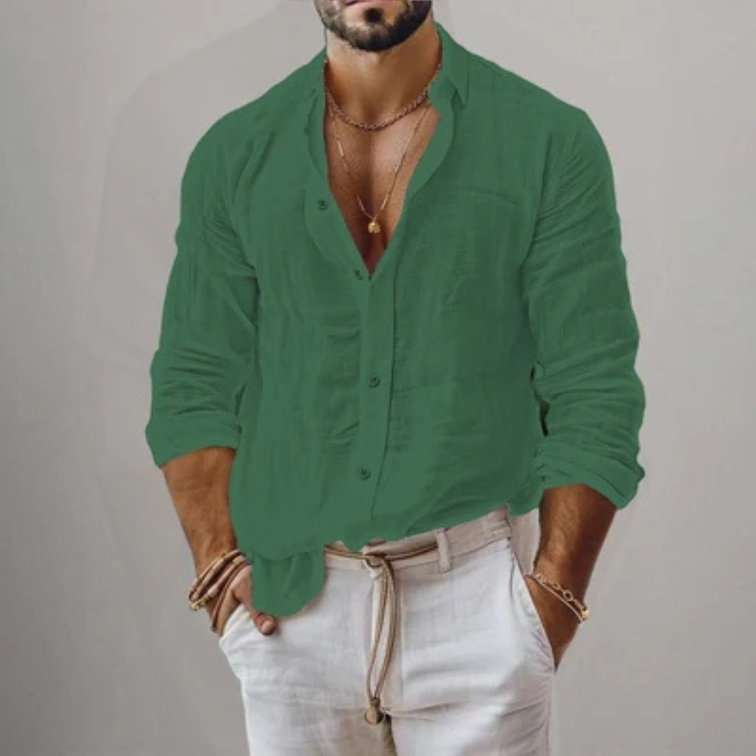 Chemise homme à boutons, manches longues, col anglais, coupe régulière, ourlet arrondi, sans poche poitrine