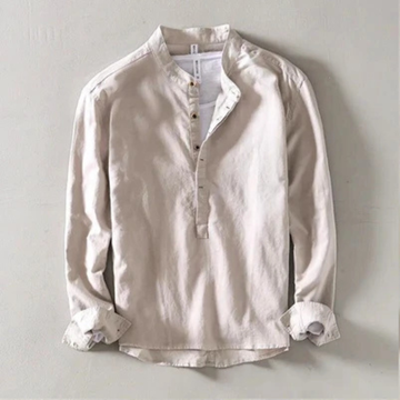 Chemise homme à col bandé, poignet simple et coupe décontractée à manches longues