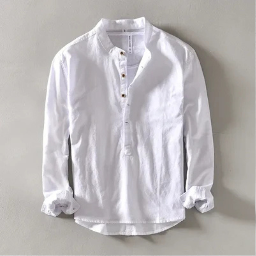 Chemise homme à col bandé, poignet simple et coupe décontractée à manches longues